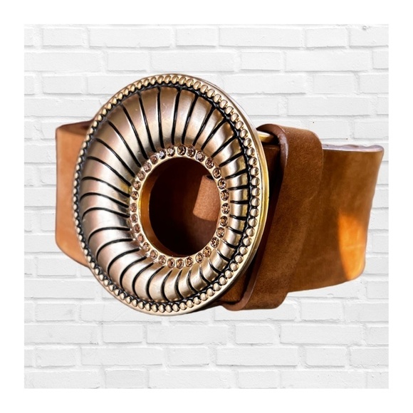 Chico’s Tan Suede Leather Belt NWOT Gold Buckle and Rhinestones Women’s Size S - Picture 4 of 6